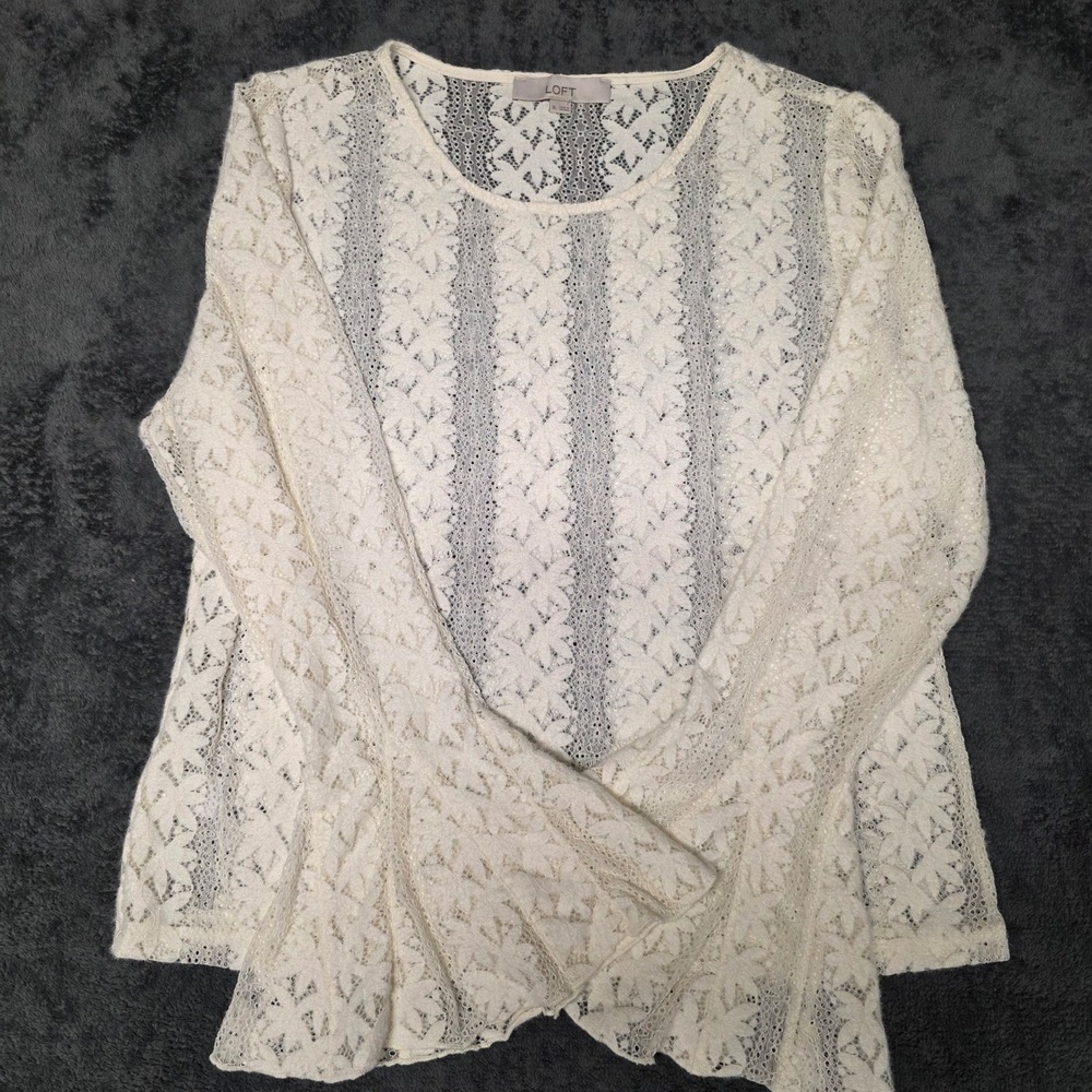 Loft Floral Lace Top Womens XL Bell Sleeve Ivory Sheer Romantic Fairy Feminine